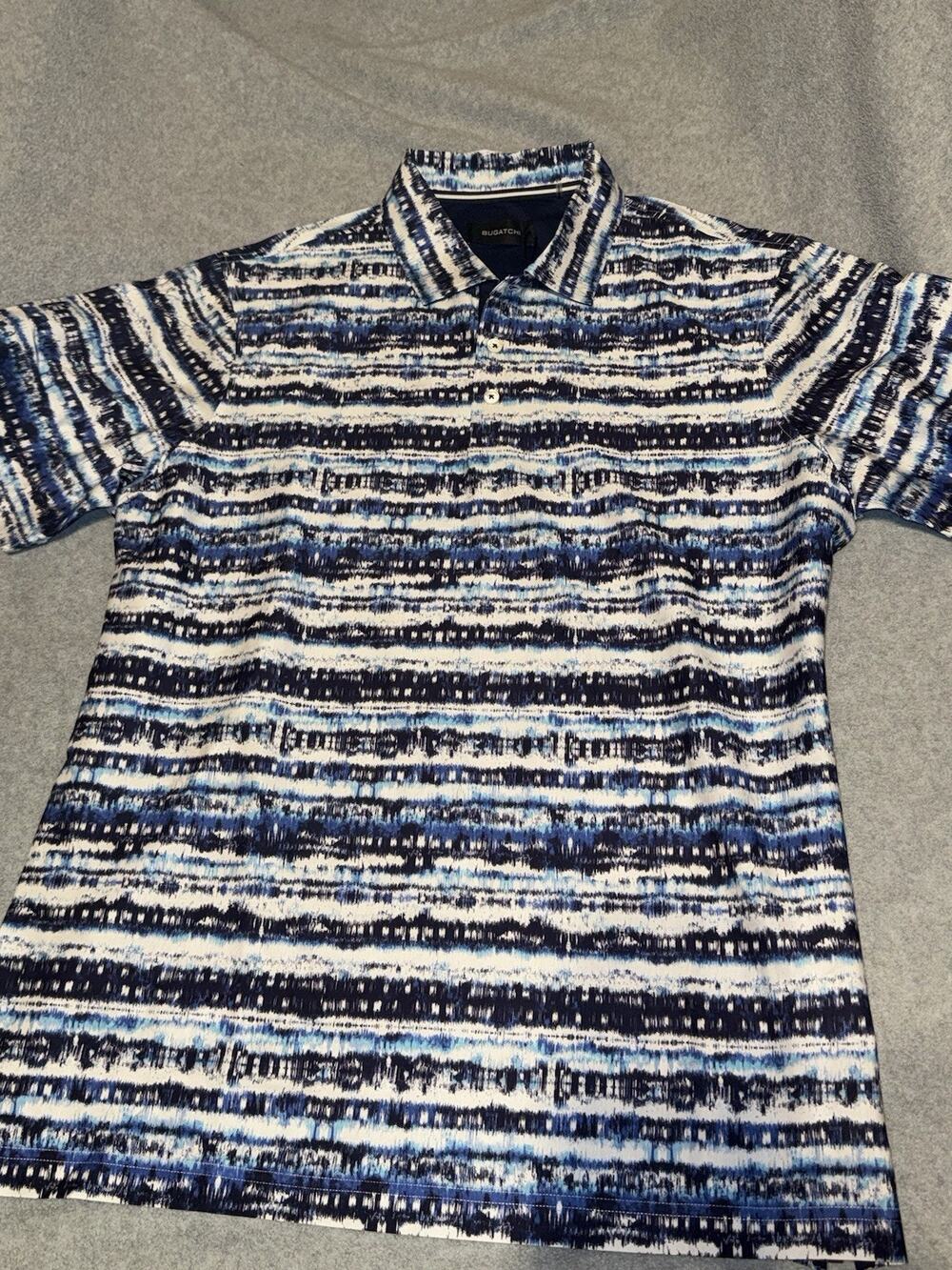 Bugatchi Size Large Polo Shirt Mens Classic Blue white Design $149 Brand New